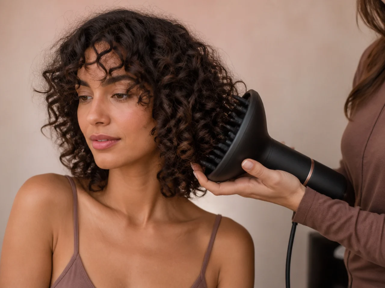 A diffuser cupping the short layer tier of a curly butterfly