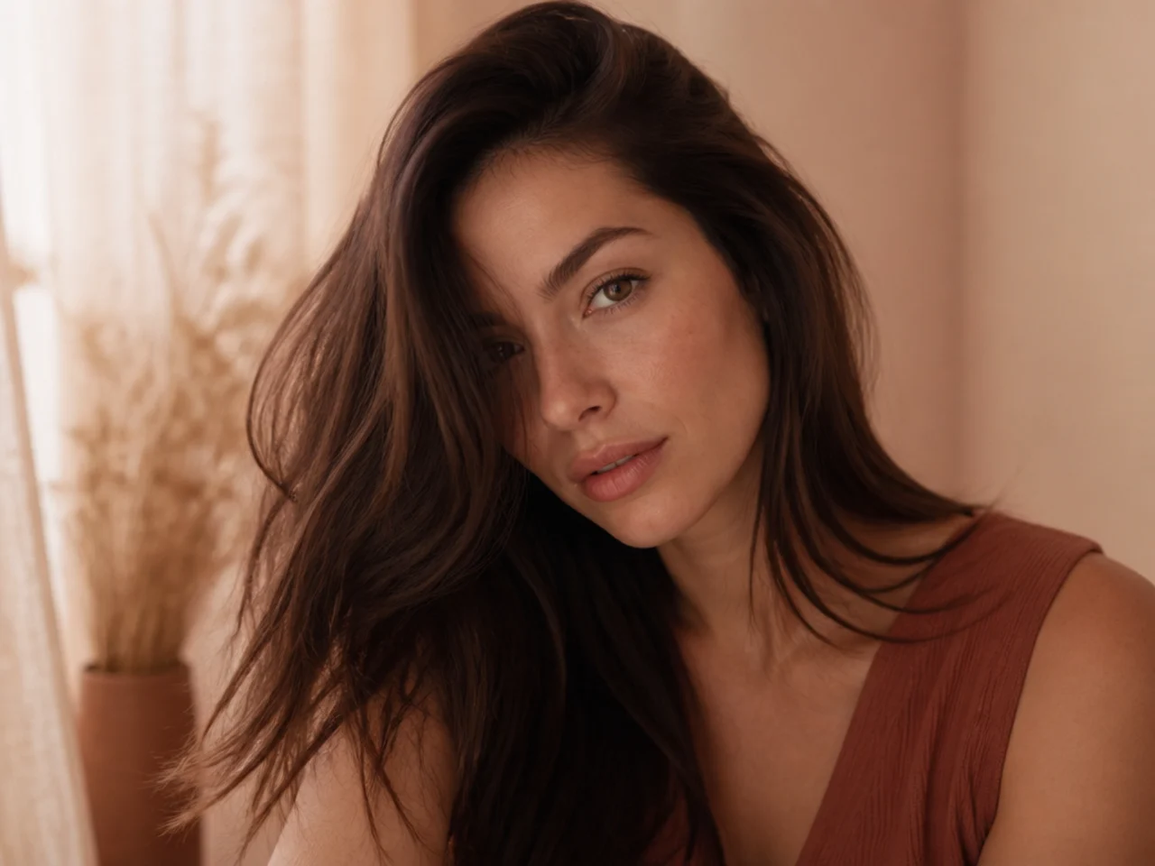 Long thick hair swept over a deep side parting with root lift on the heavy side