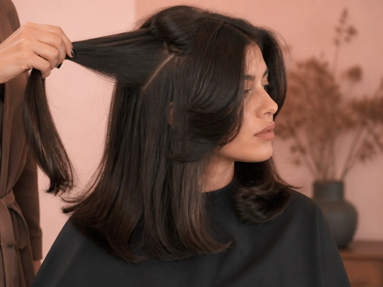 Thick hair sectioned to show weight removed from the mid lengths with the outline left full
