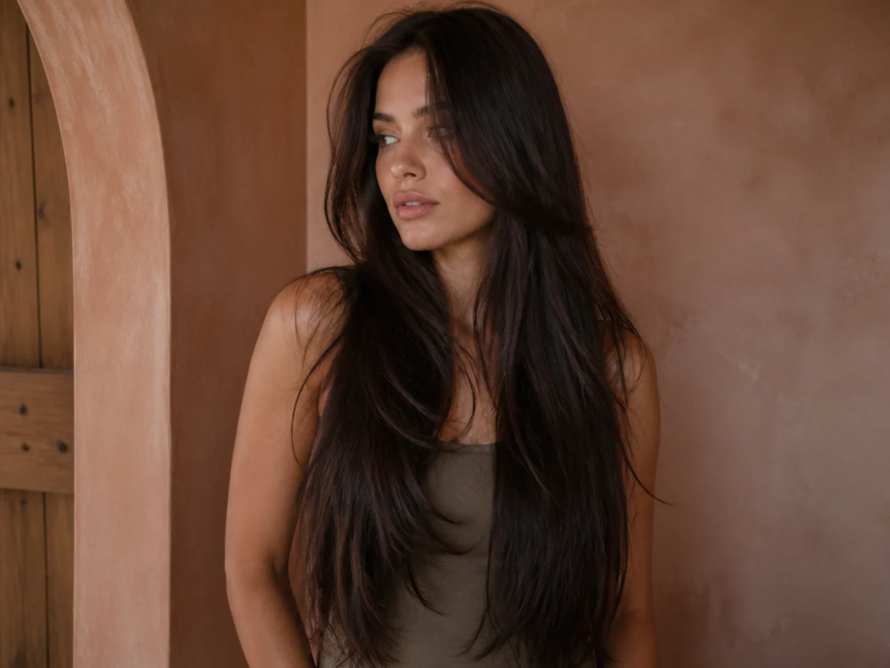 Waist length thick hair with clearly shorter front layers standing away from the length
