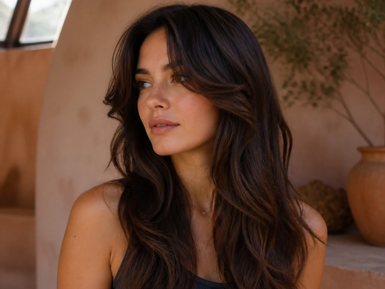 Long thick hair with a cheekbone to jaw curtain fringe parted in the centre
