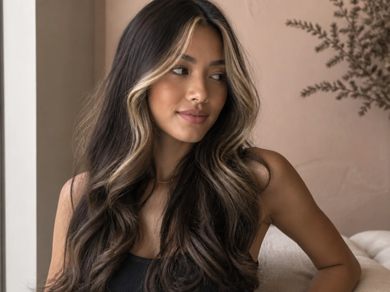 Long dark thick hair with two lightened front sections framing the face