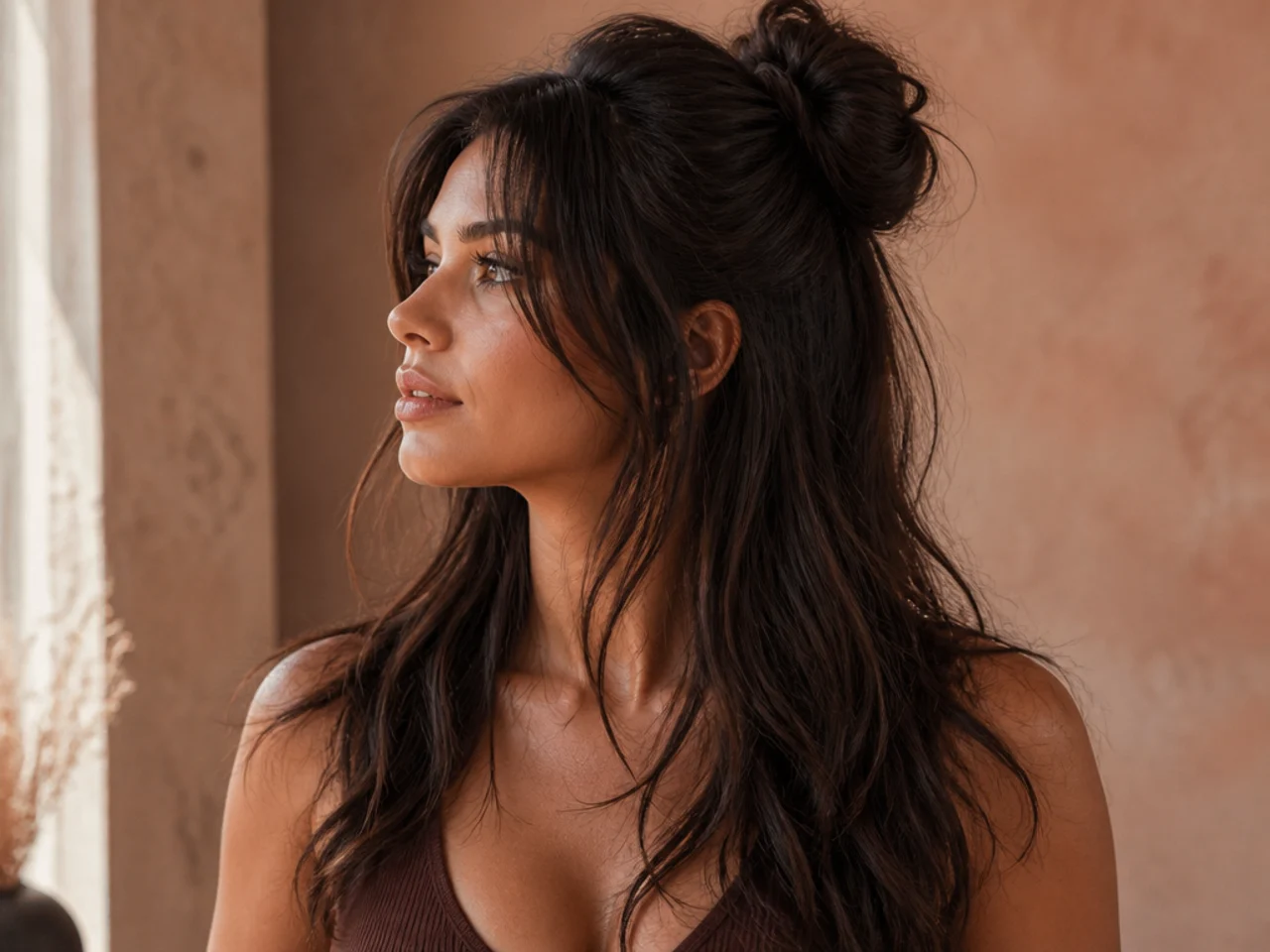 Long thick hair tied half up showing shorter layers falling loose around the face