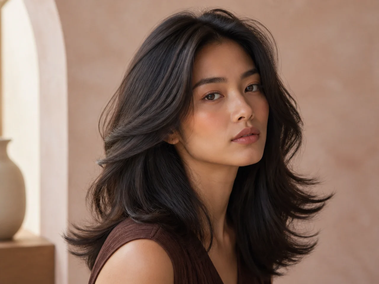 Thick hair blow dried with a round brush so the front sections sweep back and outward