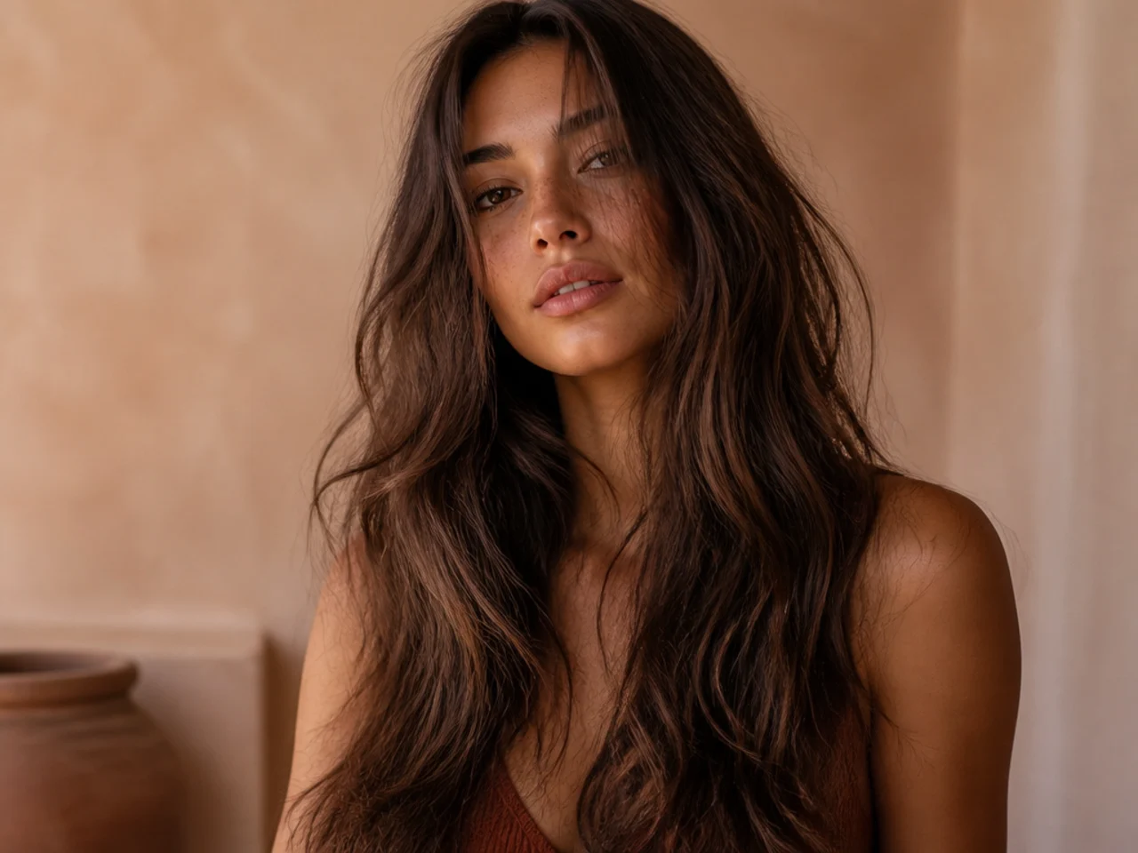 Long thick hair left to dry naturally with soft undirected front layers