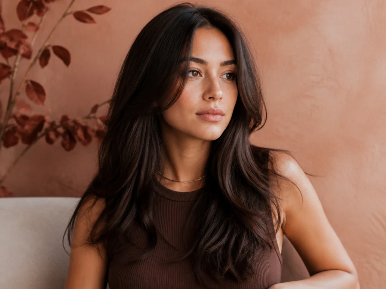 Long thick hair three months after cutting with softened front layers near the shoulder