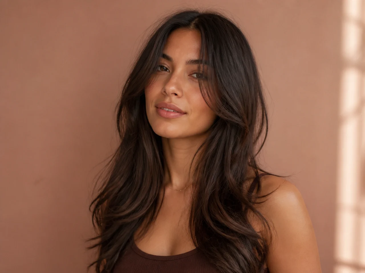 Long thick hair with a centre parted curtain fringe flowing into longer face framing layers
