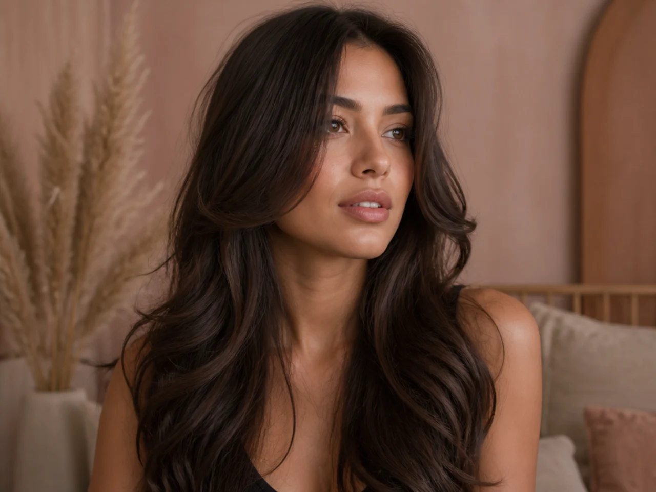 Long thick wavy hair with front layers bending outward naturally around the jaw