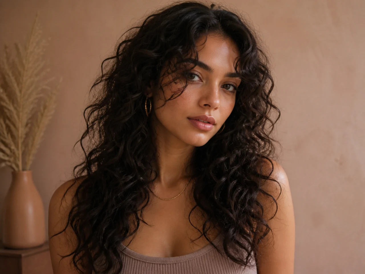 Long thick curls with shaped shorter pieces framing the face and defined ringlets below