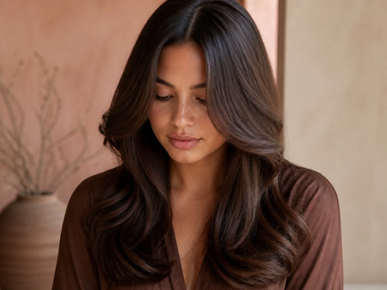 Centre parted long thick hair with matching front layers curving away on both sides