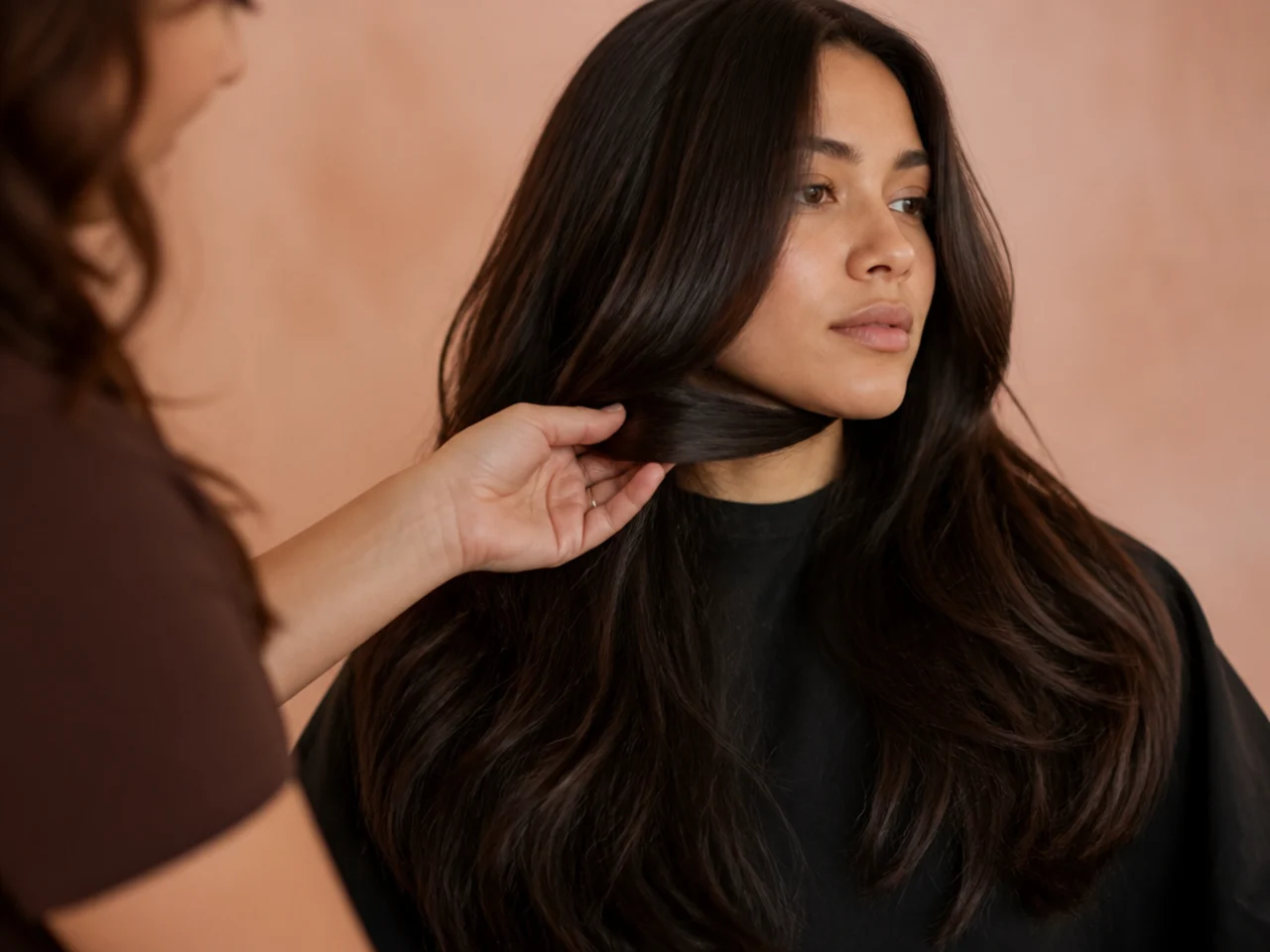 A stylist holding a section of long thick hair level with the chin to mark where the shortest layer will fall