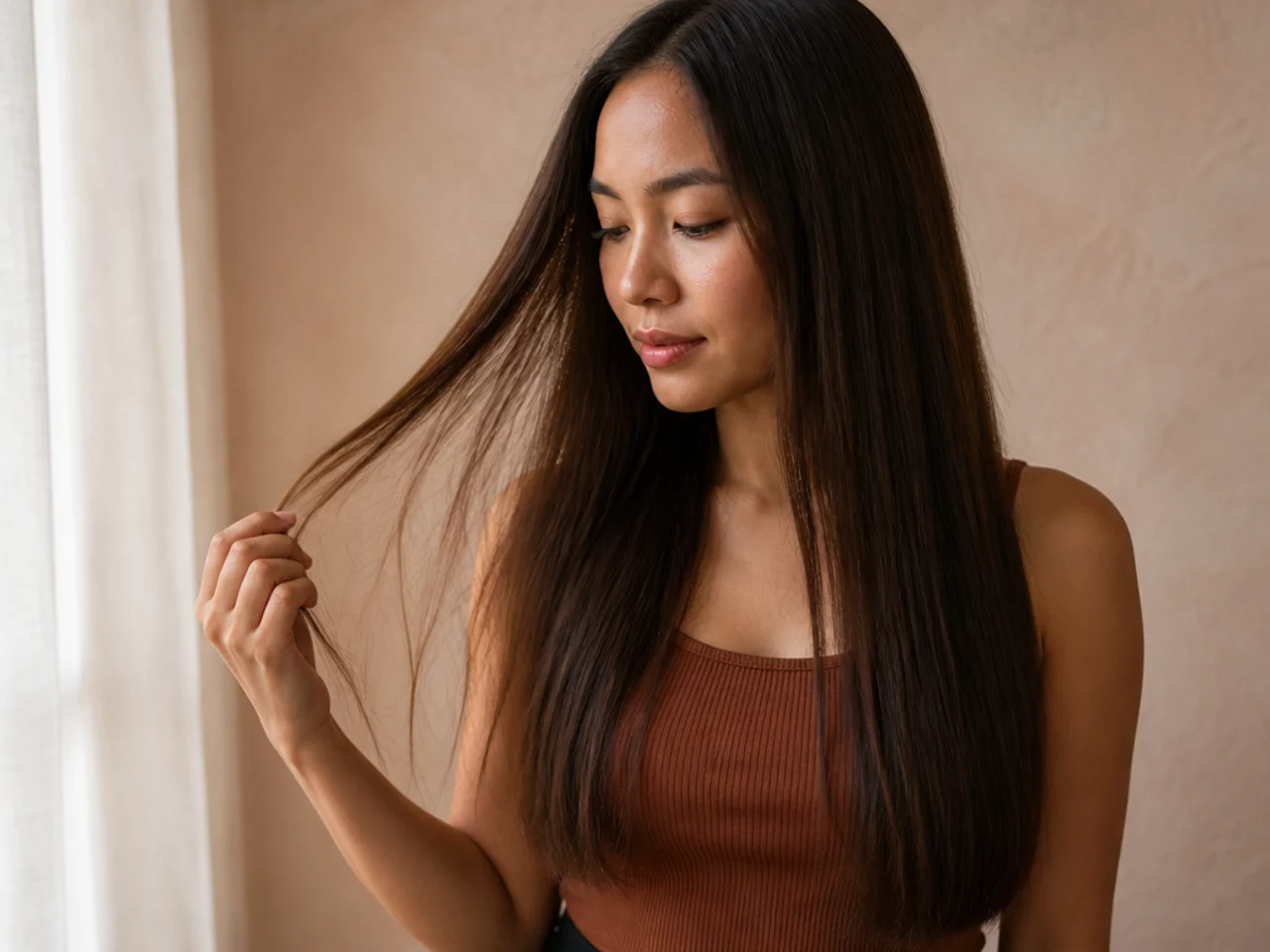 Over thinned stringy ends on long hair beside a full blunt perimeter