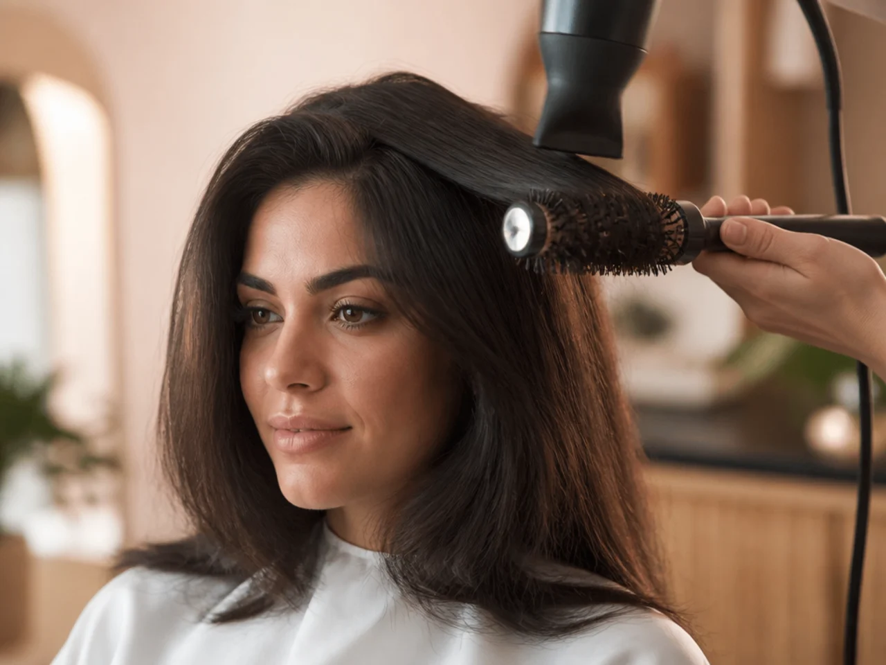 A round brush lifting a front section of thick hair away from the face under a dryer