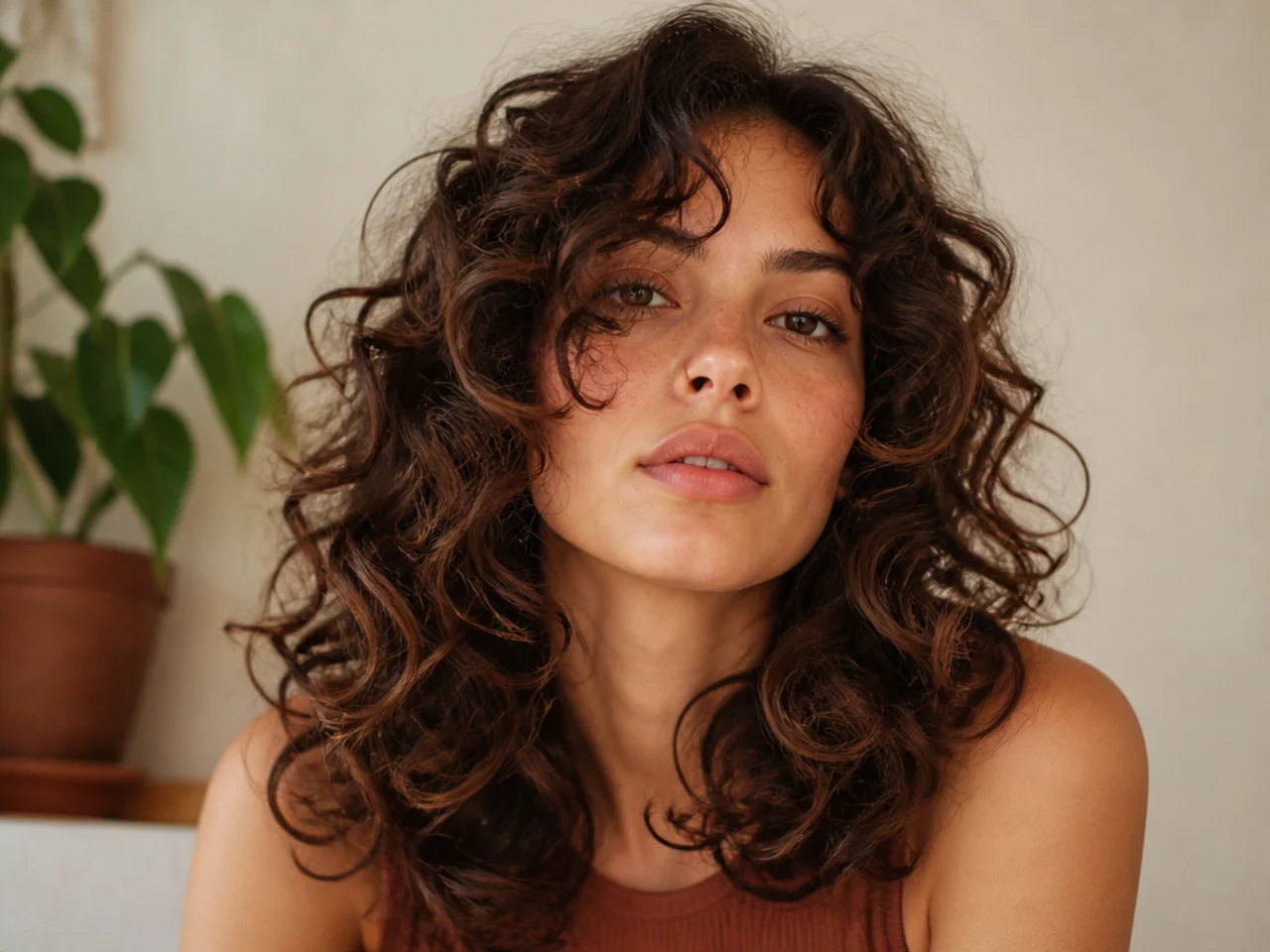 A curly butterfly cut with springy face framing layers