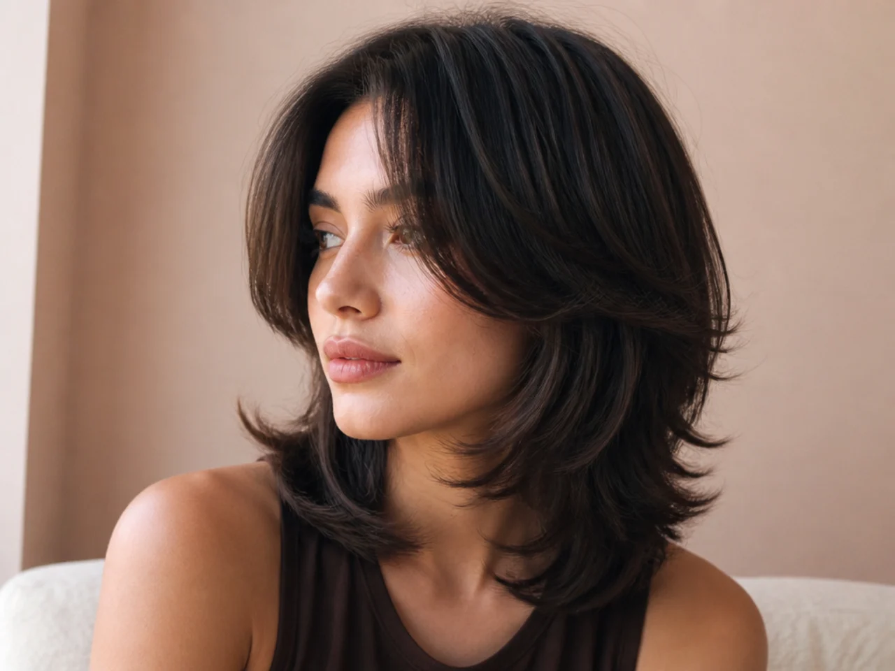 A butterfly cut with chin length face framing