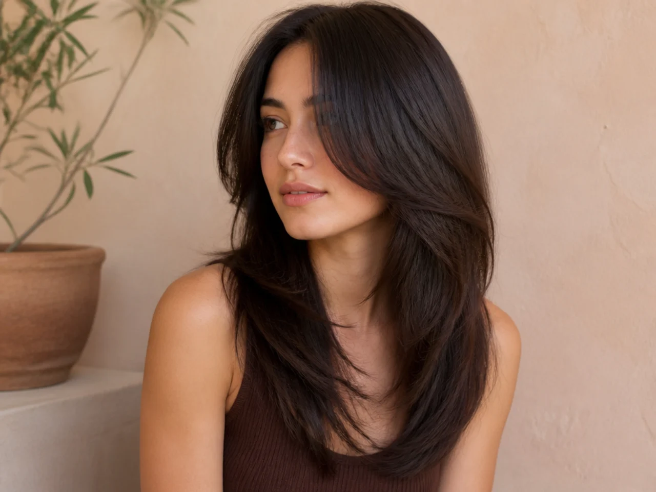 A butterfly cut with cheekbone length face framing