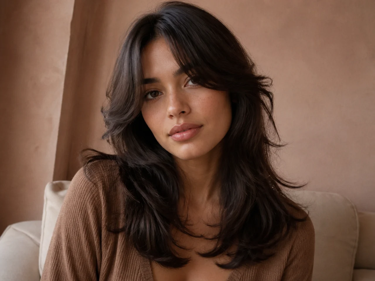 A medium butterfly cut with curtain bangs
