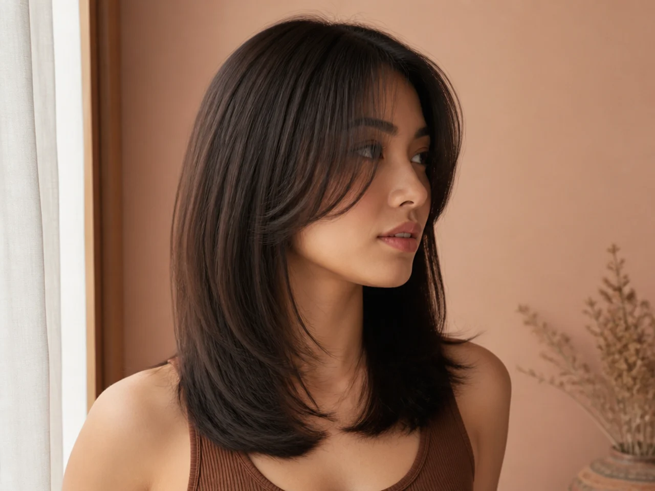 A fine haired butterfly cut with a blunt perimeter
