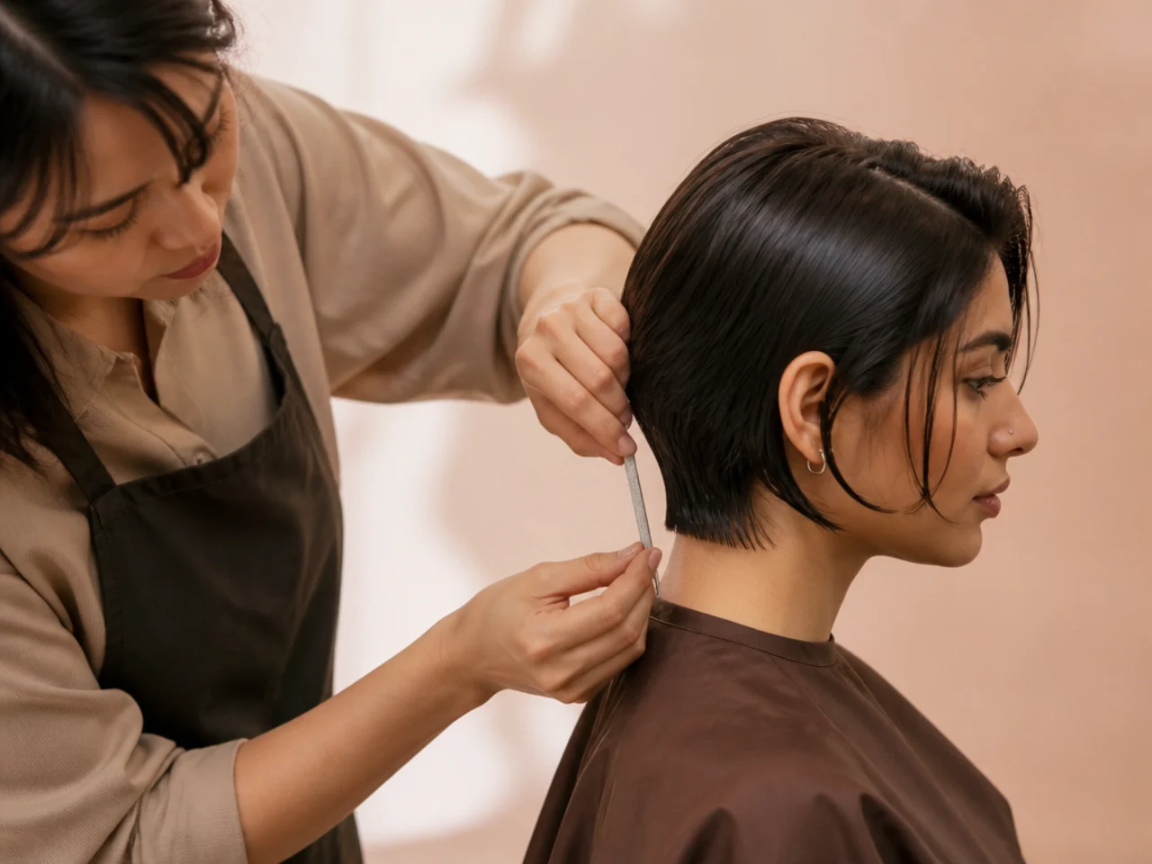 A stylist measuring the gap between the wing and the perimeter