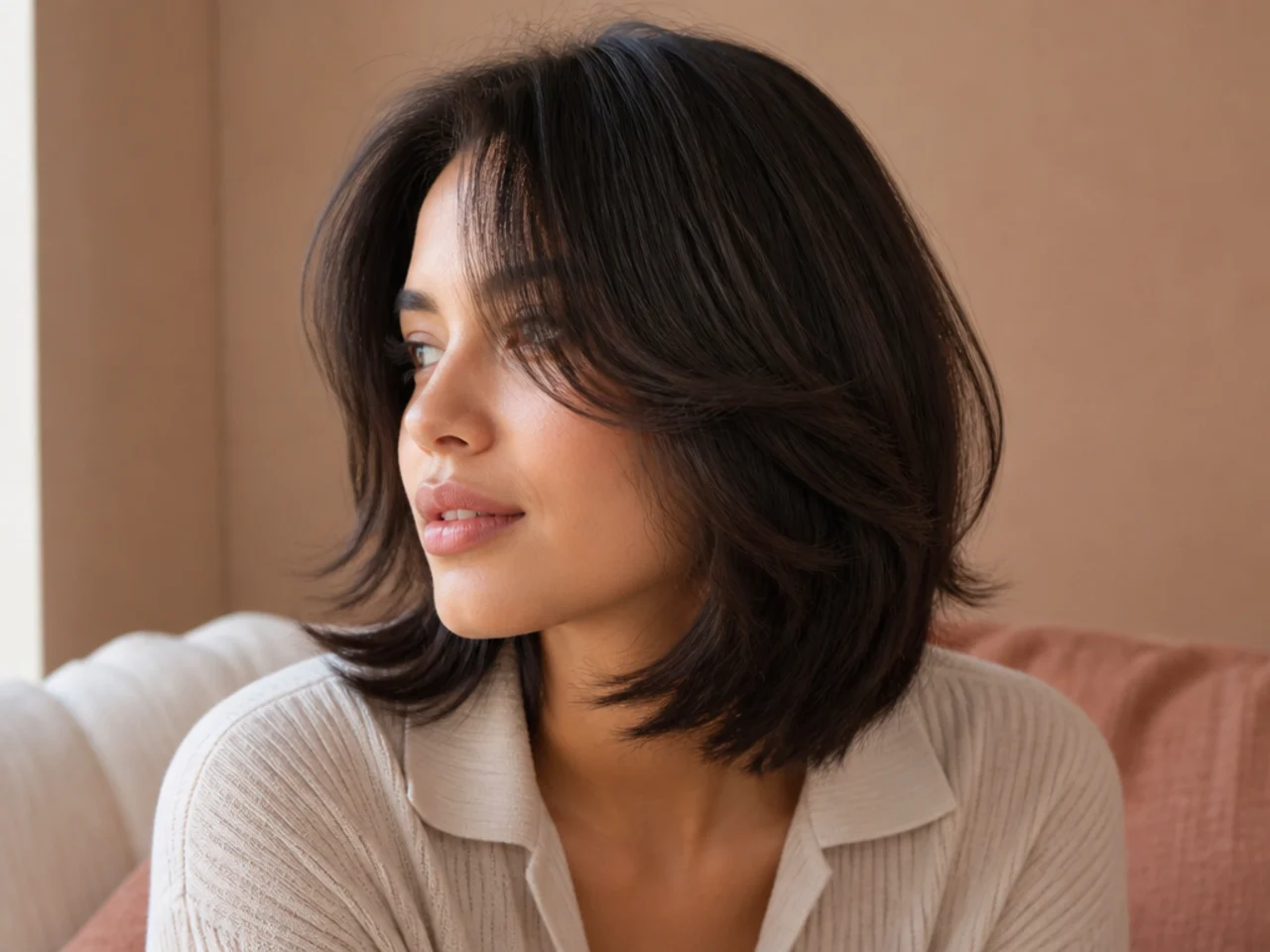 A short butterfly haircut on thick hair