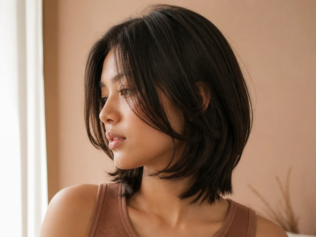 A short butterfly haircut on straight hair