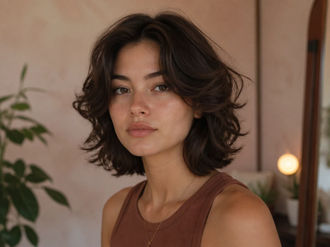 A short butterfly haircut on wavy hair