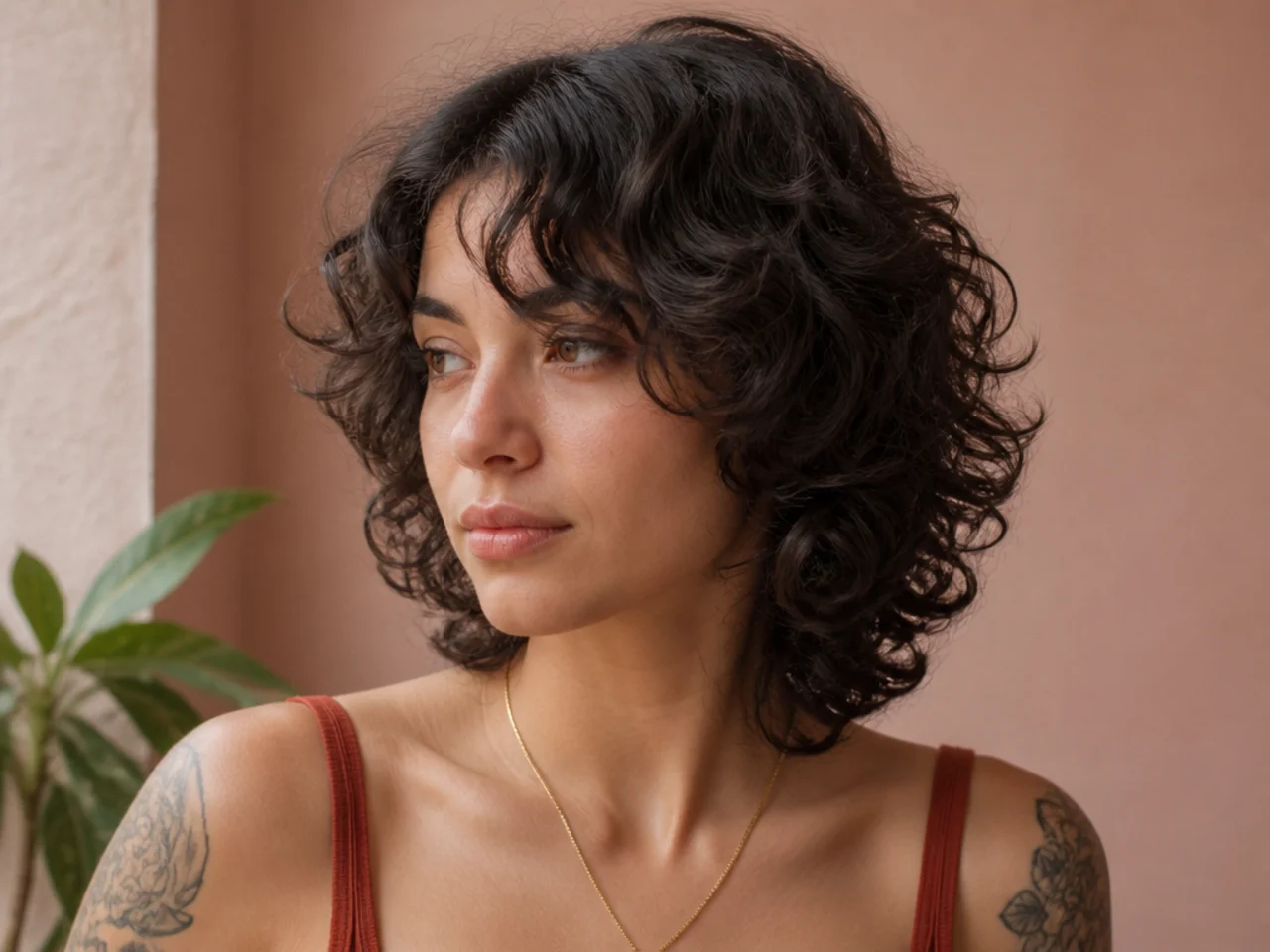 A short butterfly haircut on curly hair