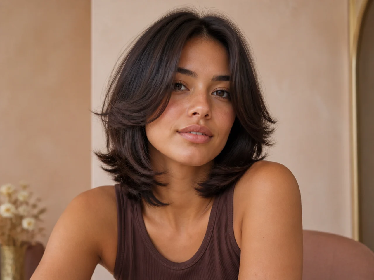 A short butterfly haircut with a centre parting
