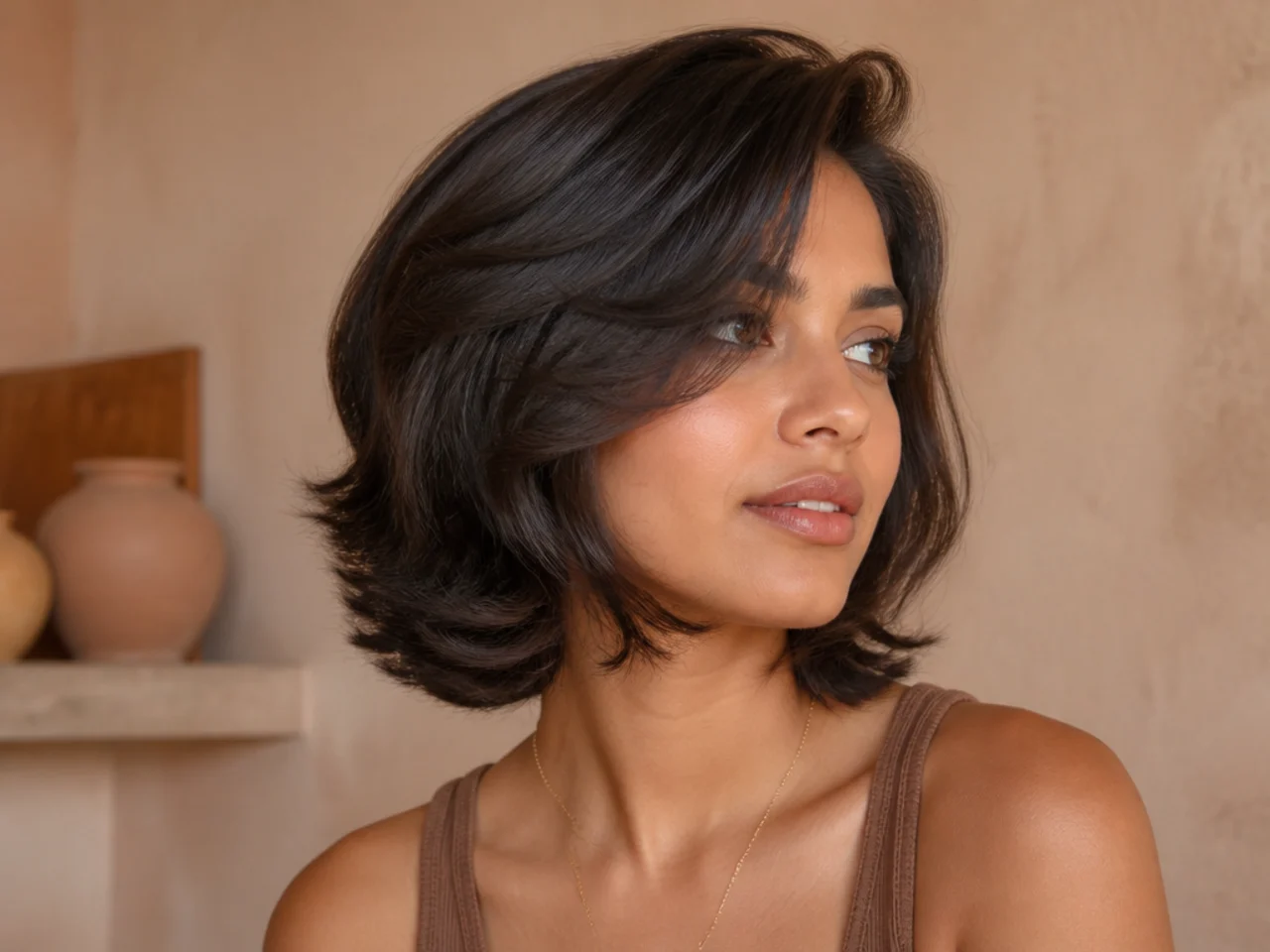 A short butterfly haircut with a deep side part
