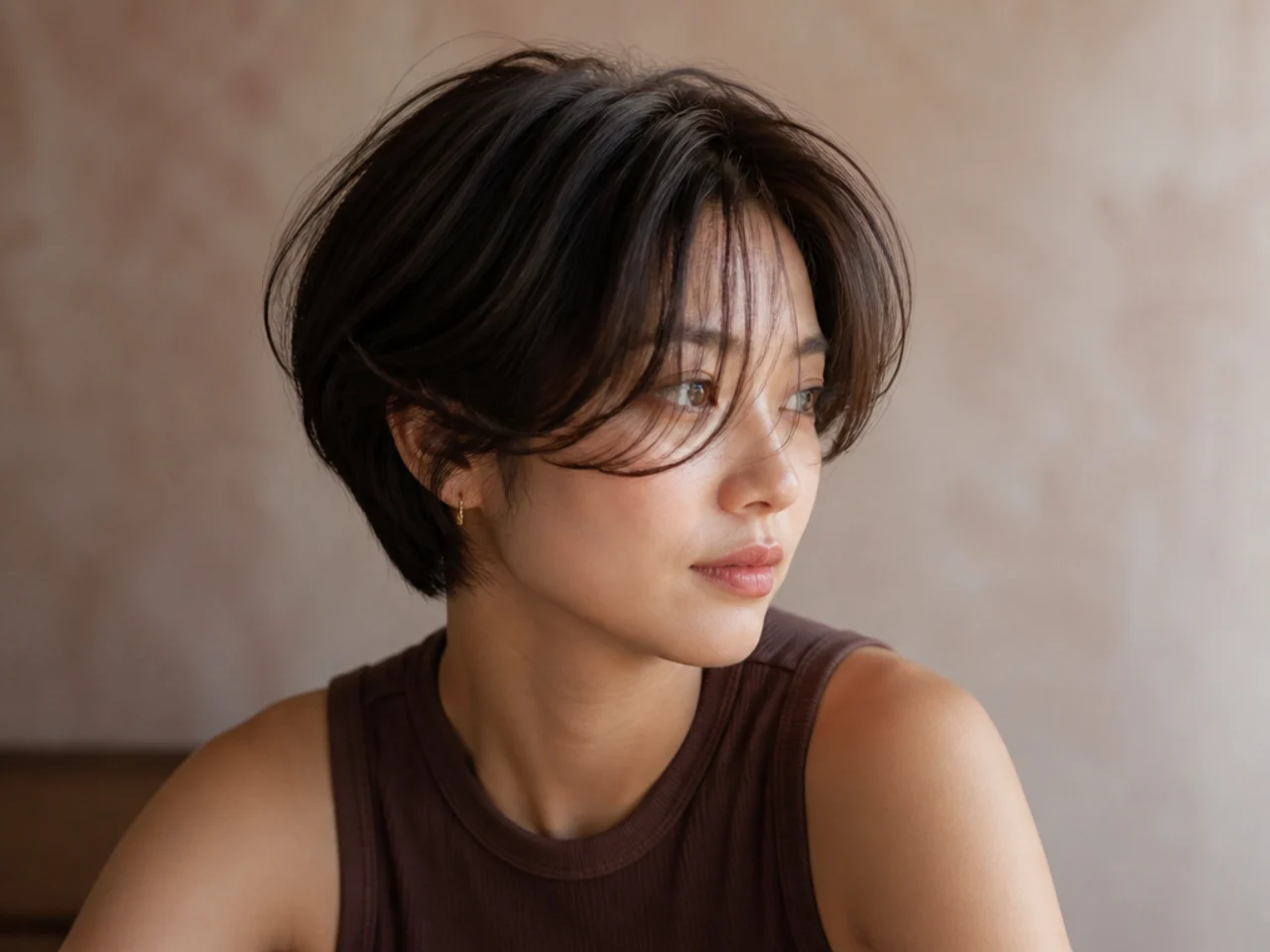 A short butterfly haircut with the perimeter tucked under