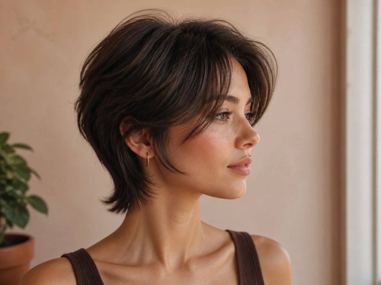 A short butterfly haircut with a shorter crown layer