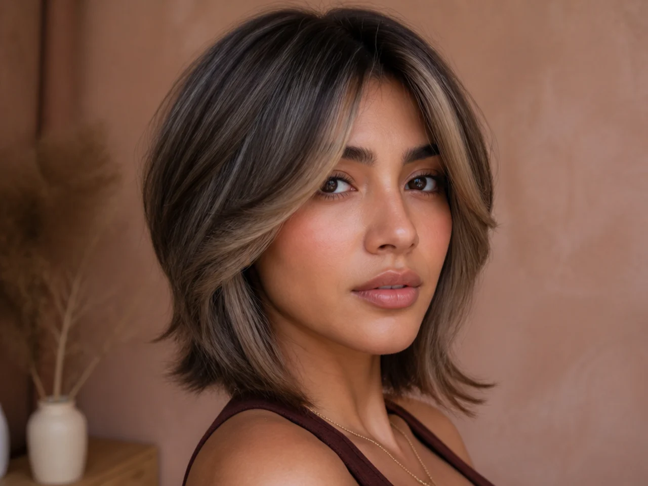 A short butterfly haircut with money piece highlights