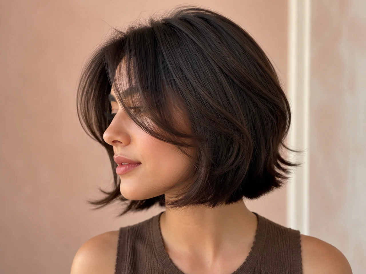 A butterfly haircut on a chin length bob