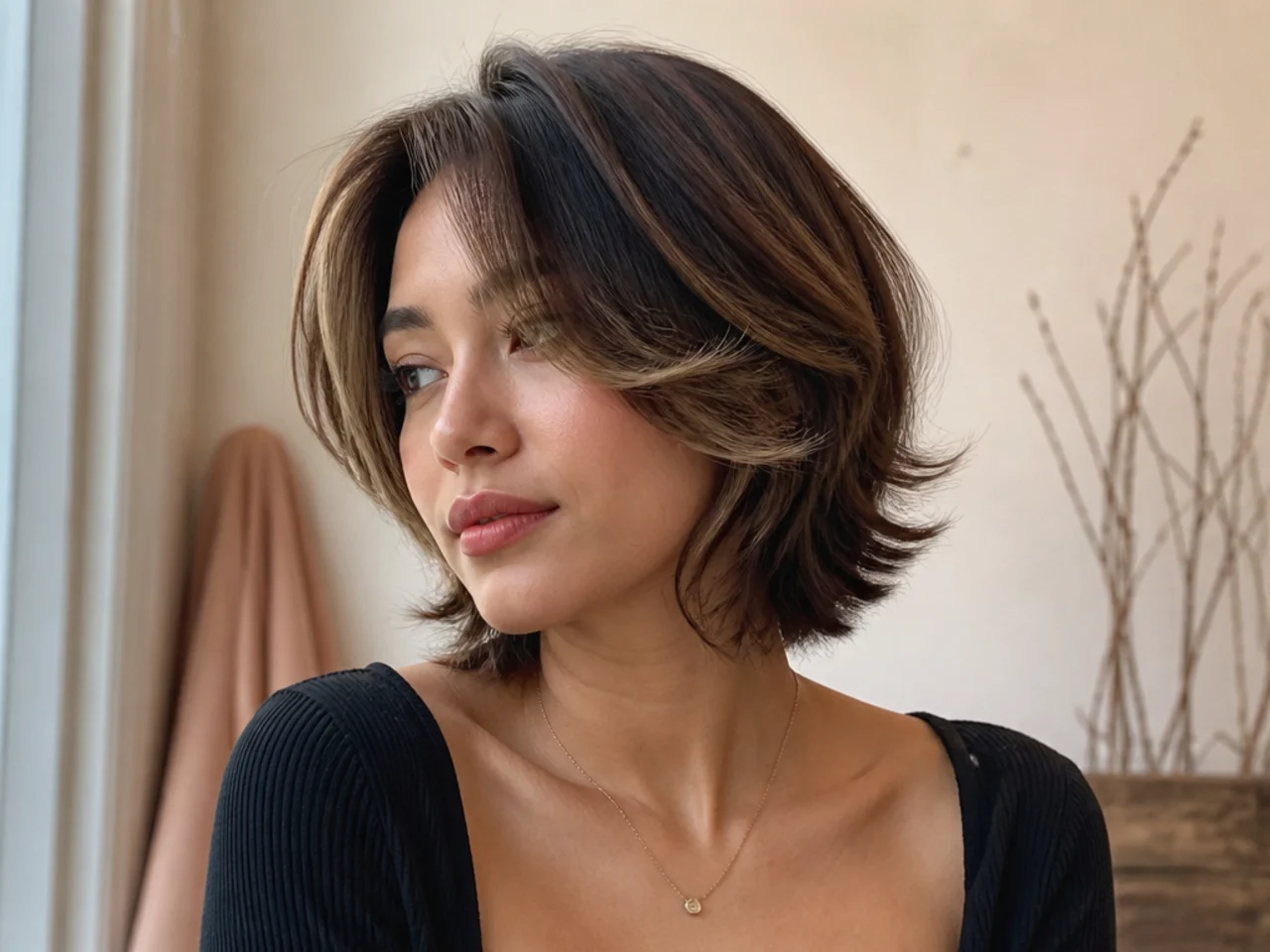 A short butterfly haircut with face framing highlights