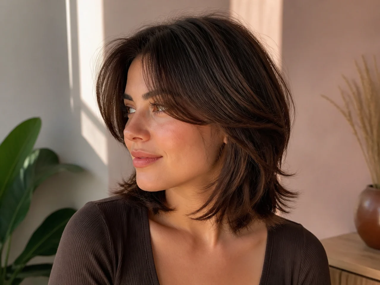 A short butterfly haircut with a longer front for a round face