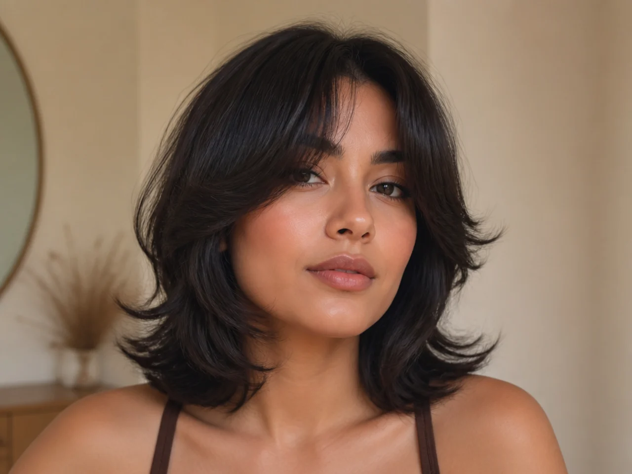 A short butterfly haircut with curved ends for a square face