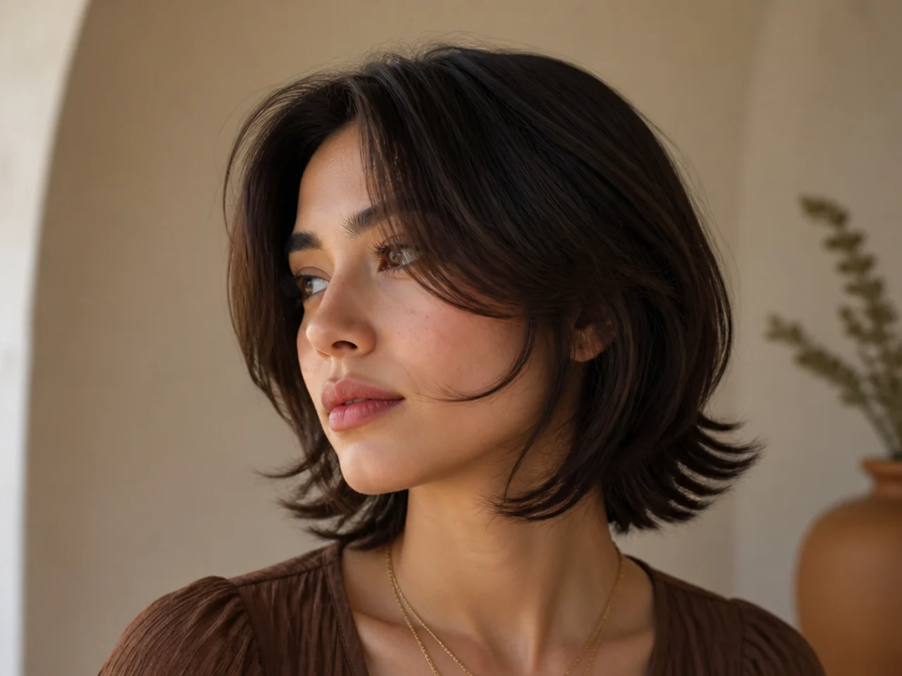 A short butterfly haircut with jaw length face framing