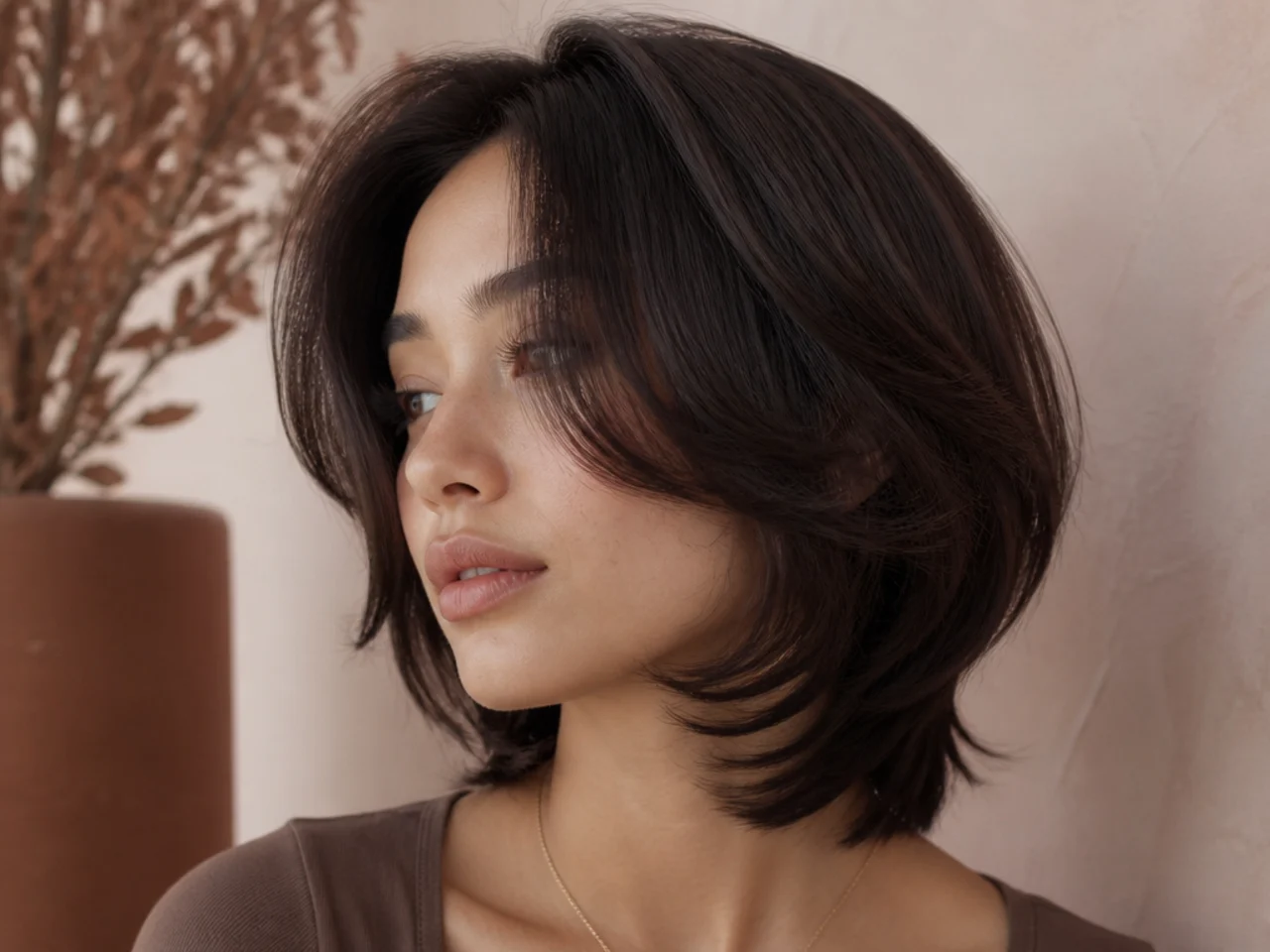 A short butterfly haircut with a cheekbone length wing