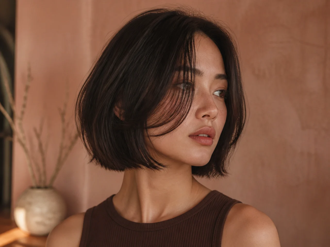 A blunt bob with butterfly layers above the perimeter
