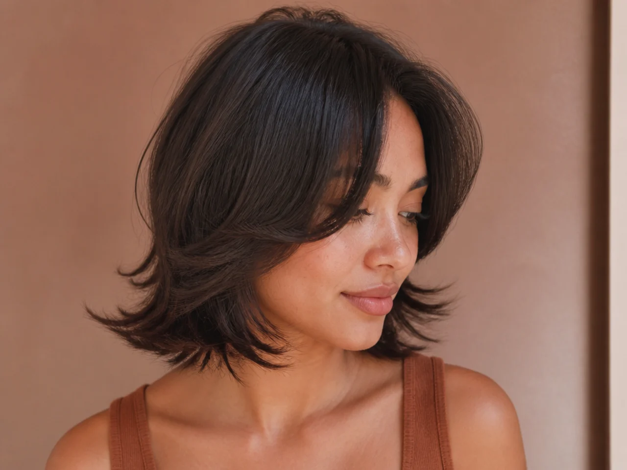 Three quarter view of a short butterfly haircut