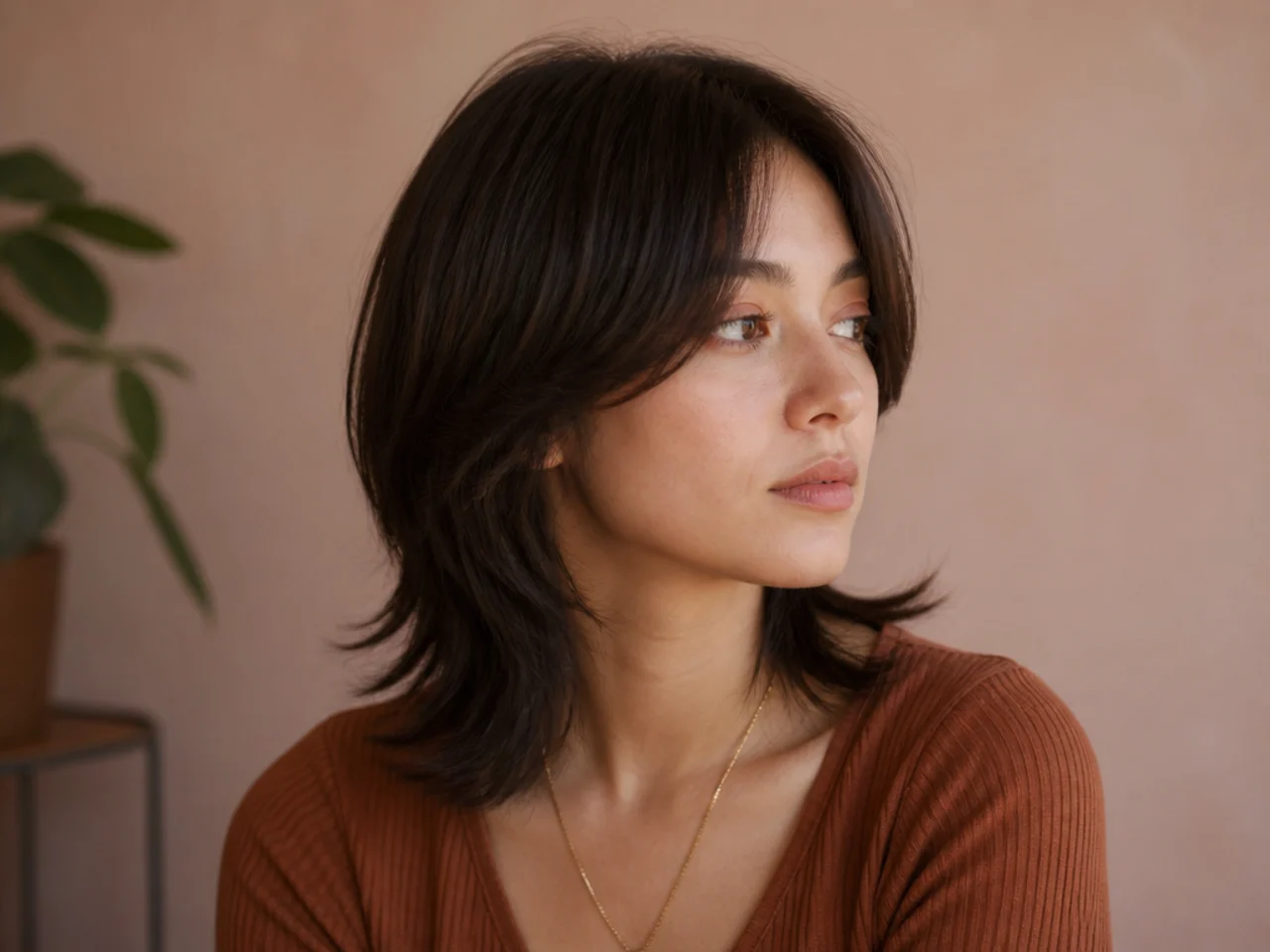 A short butterfly haircut sitting flat without a crown layer