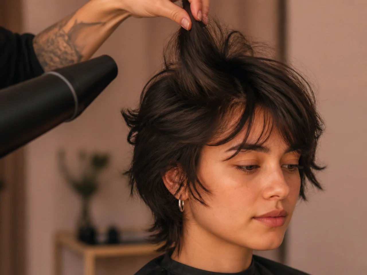 The crown of a short butterfly haircut being lifted while drying