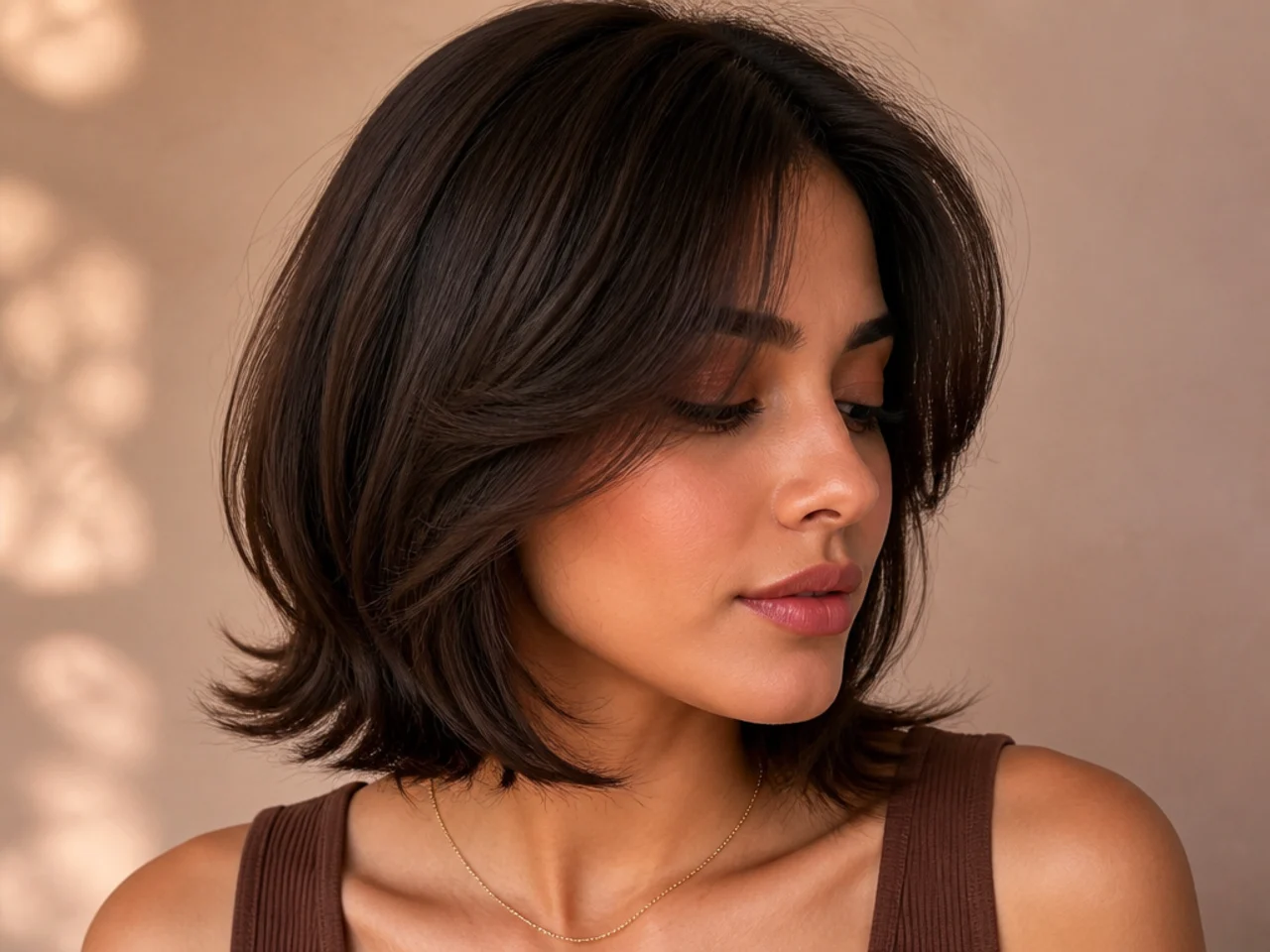 A face framing layer ending at the cheekbone above a square jawline