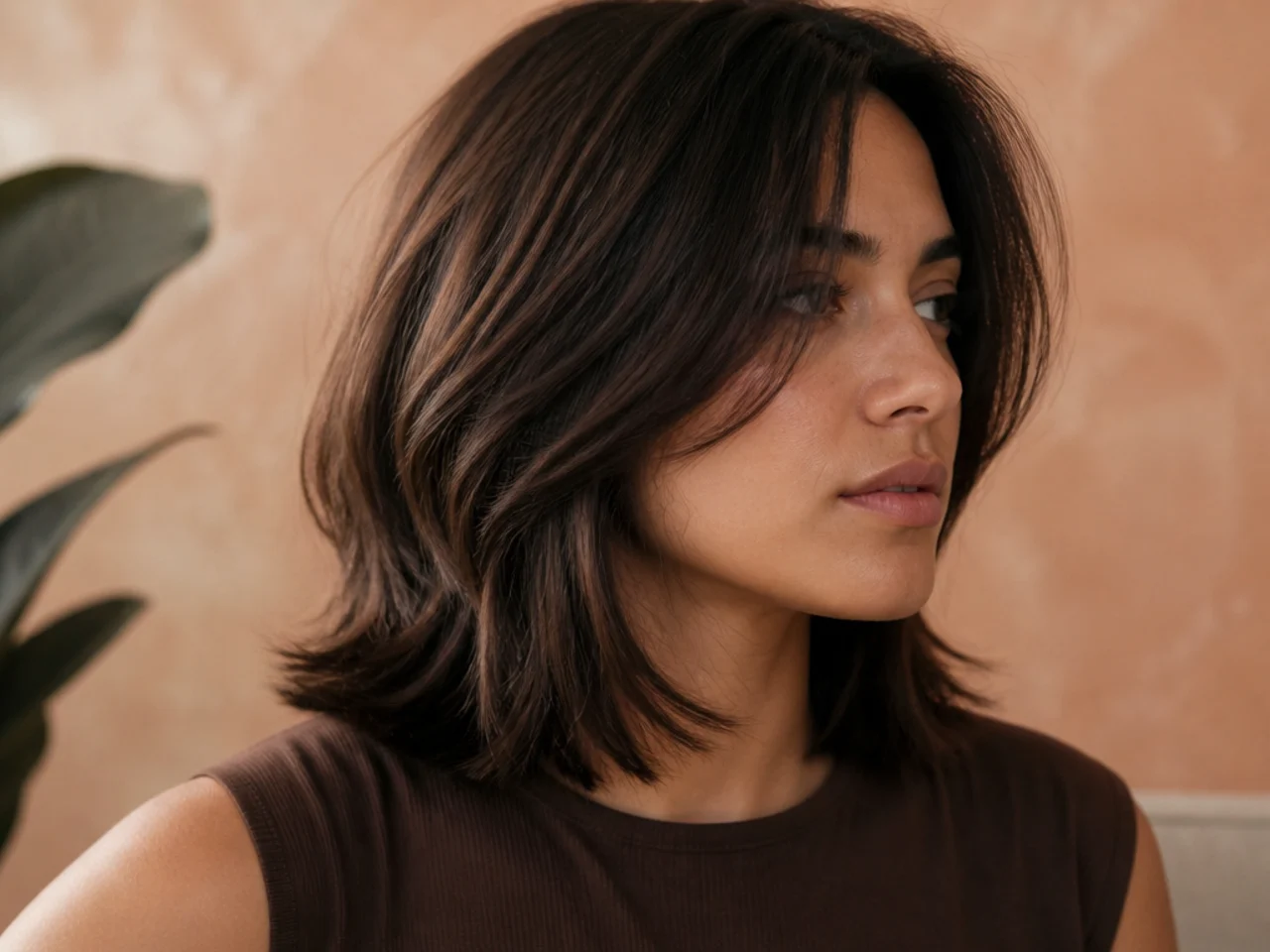 Mid length hair growing out of a bob shaped into stacked layers