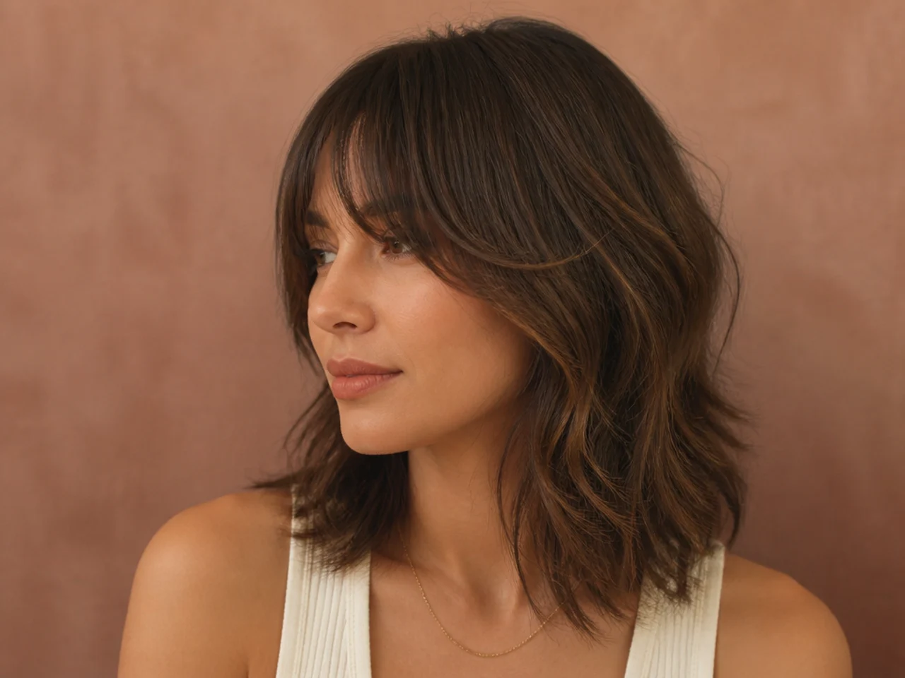 A grown out fringe blended into the shortest face framing layer