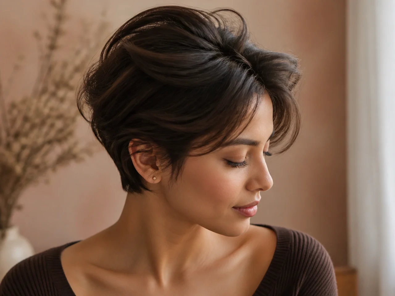 Short crown layers lifting the hair beneath them at the top of the head