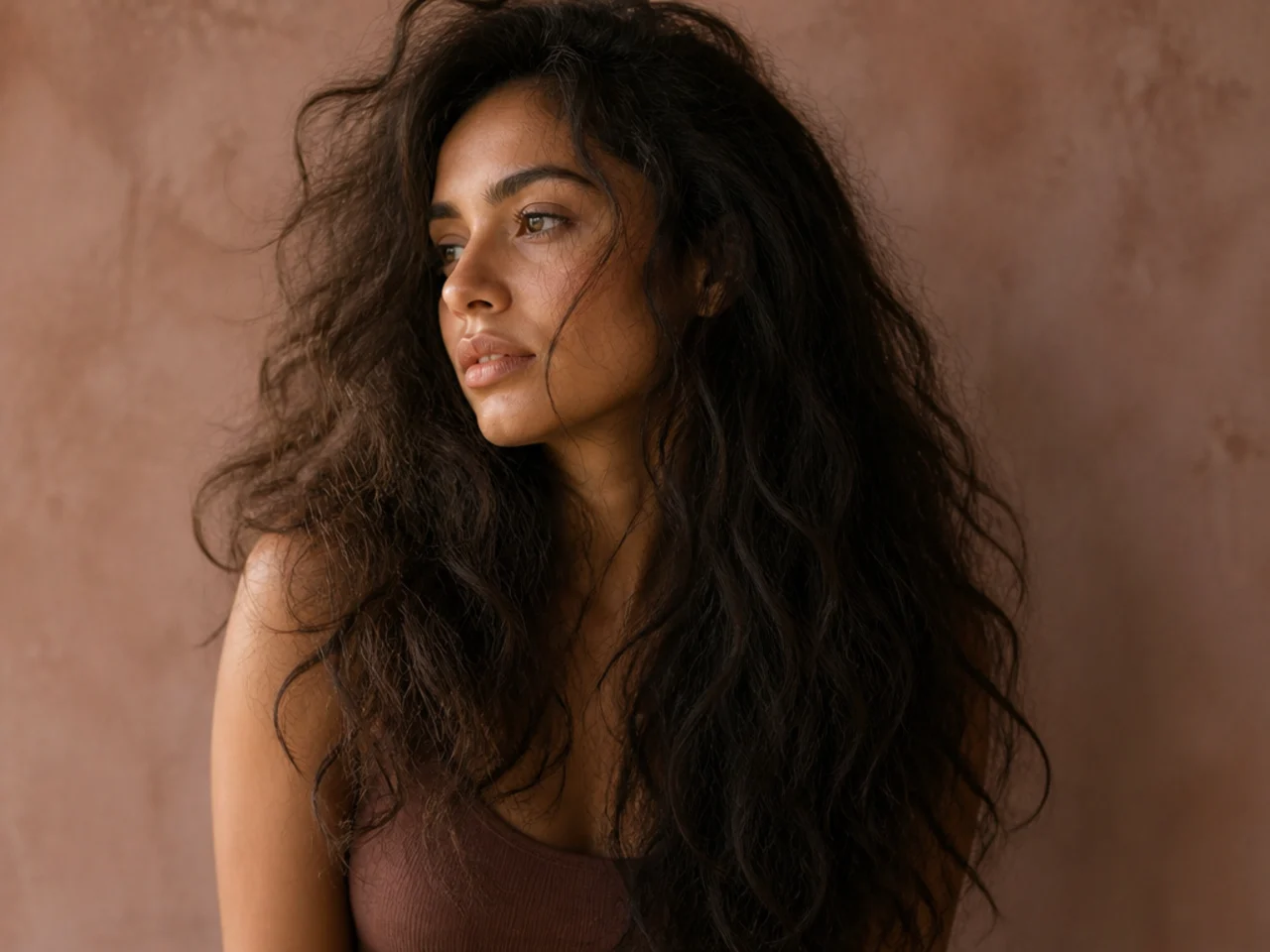 Long textured hair with visible separation and frizz in humid air