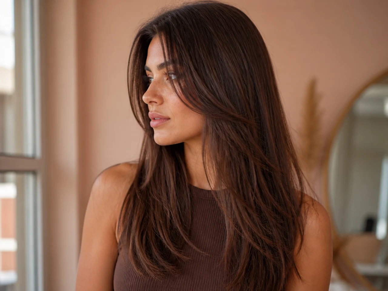 Air dried straight long hair with visible stacked layers