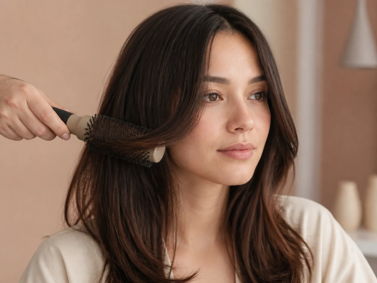 A round brush curving a face framing layer inward at the cheekbone