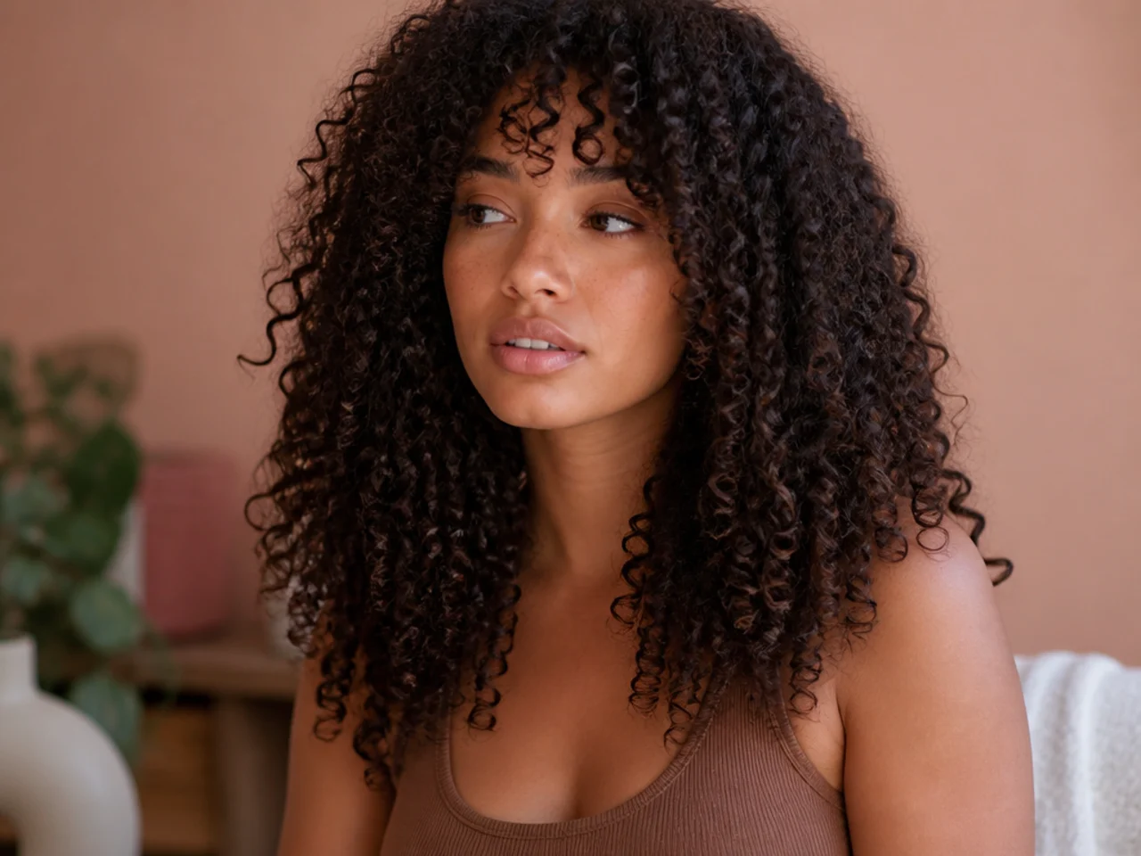 Long tight curls shaped with dry cut layers around the crown